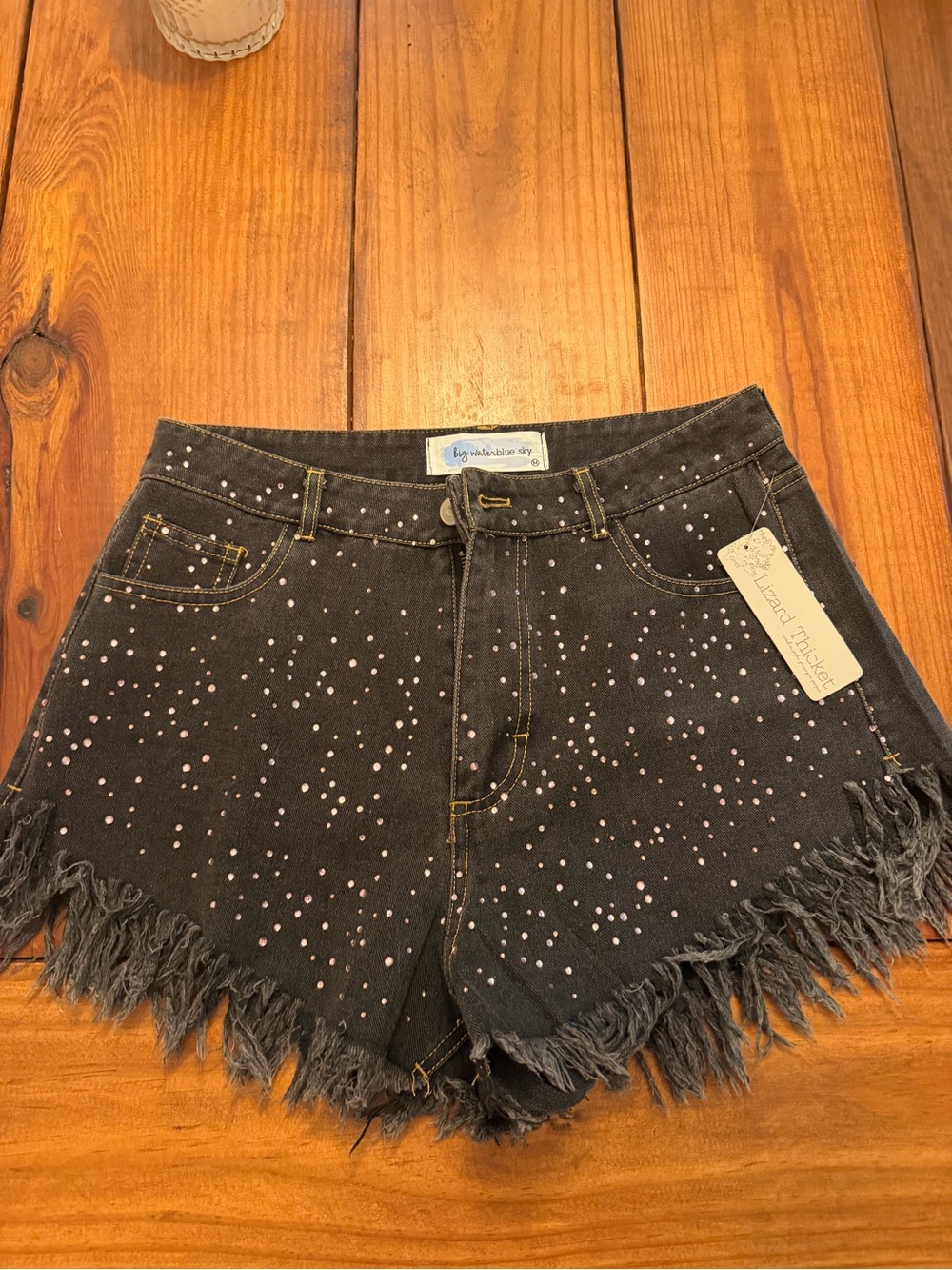 High-Waist Black Denim Fringe Shorts with Pink Dot Print